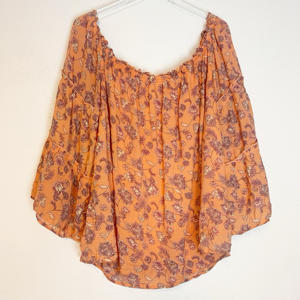 Womens Boho Top 2X Floral Hippie Flare Sleeve Orange Off Shoulder‎ Ruffle Blouse